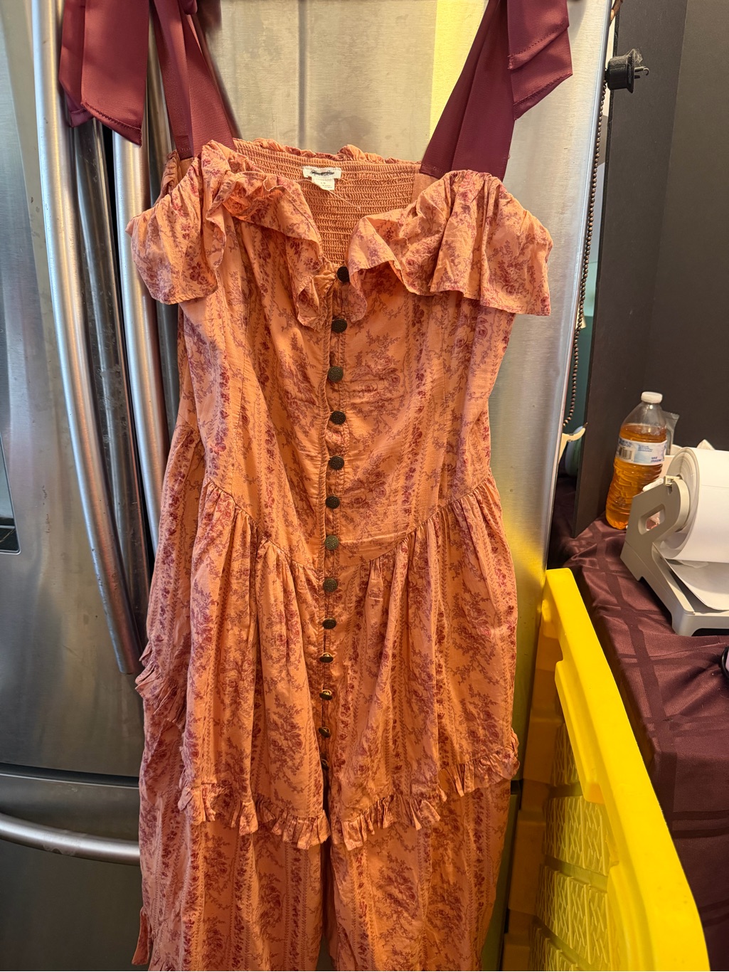 Kimchi Blue Rust-Orange Floral Ruffle Maxi Dress With Burgundy Ties